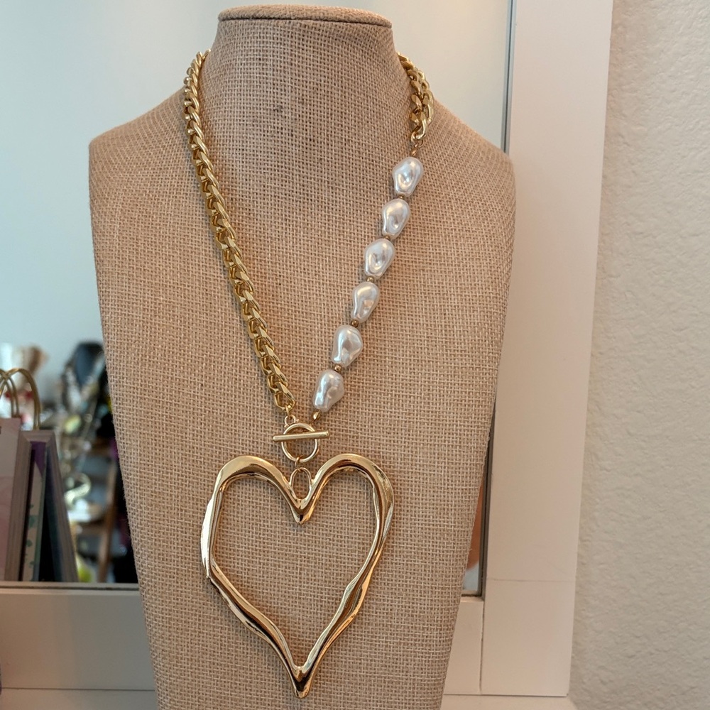 Gold Heart Pendant Necklace with Pearl Accents - Women Jewelry